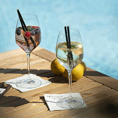 Refreshing drinks at the pool bar with a view of the Dachstein massif
