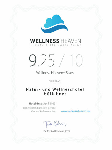 Zertifikat von Wellnessheaven mit 9,25 von 10 Punkten